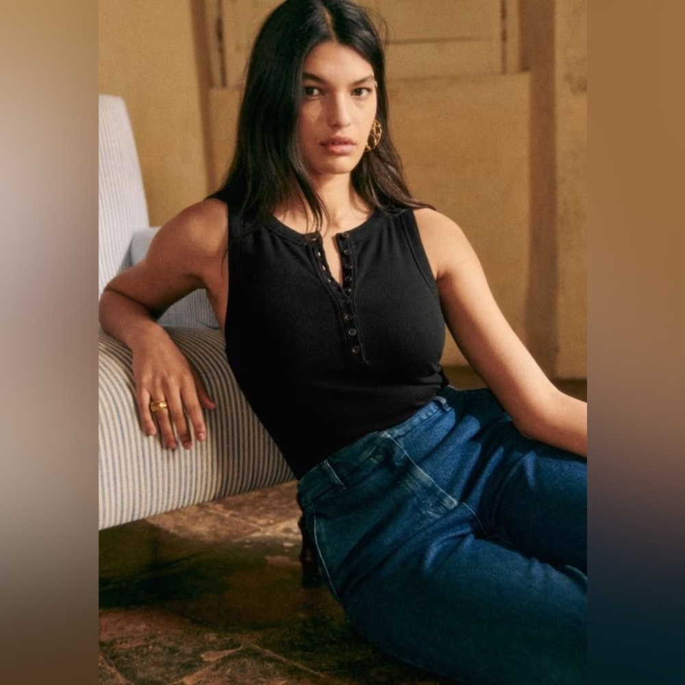 Sezane Felicien top tee Henley button black sleeveless cotton